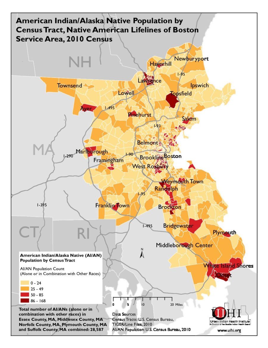 American Indian/Alaska Native Population by Census Tract: Native American Lifelines of Boston Service Area, 2010 Census